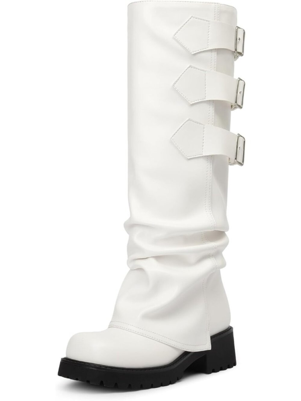 👢Women's White Knee High Moto Riding Boots Fold Over Block Heels Platform Boot